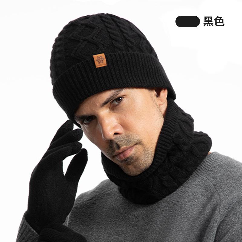 Knitted hat, men's winter velvet thickened gloves, hat, scarf, three-piece set, outdoor cycling wool, knitted hat