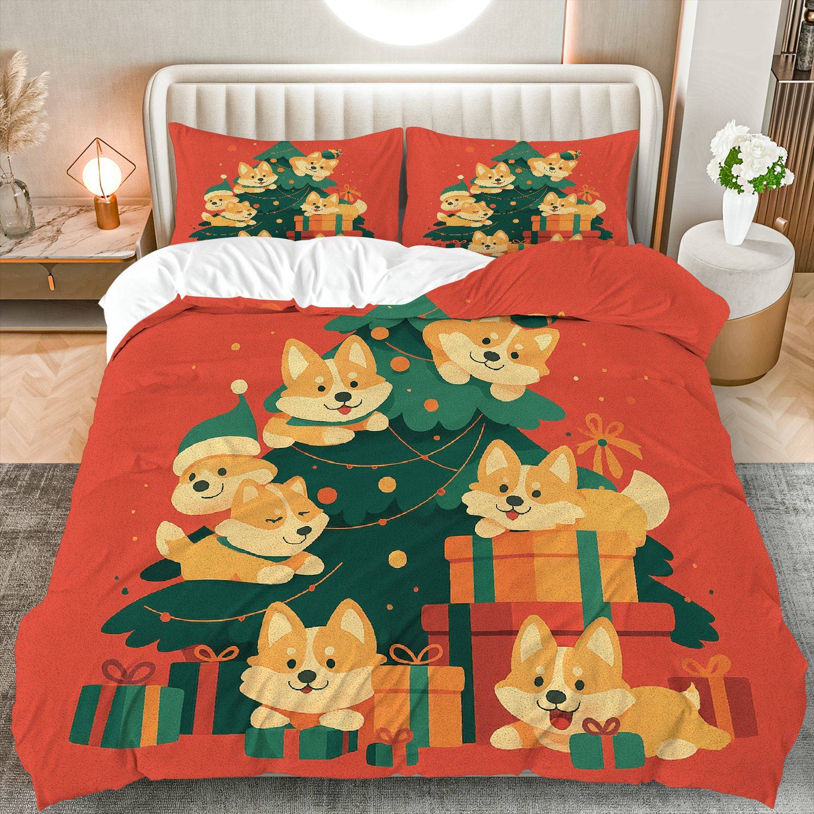 

3pcs Festive Corgi Christmas Duvet Cover Set - Cozy Polyester Bedding with Zipper Closure Machine Washable All-Season Cartoon EU Twin(135x200cm)