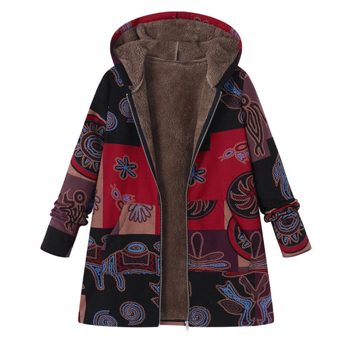 

Women s Winter Fluffy Plush Hooded Long Sleeve Warm Coat, Plus Size Vintage Printed Casual Outerwear S красный