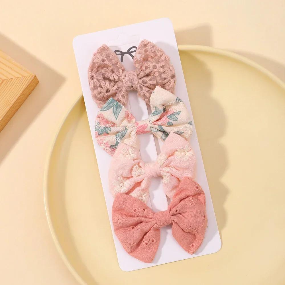 4Pcs Sweet Lace Printed Bowknot Hair Clips for Hair Girls Handmade Hairpin Boutique Barrettes Headwear Baby Hair Accessories