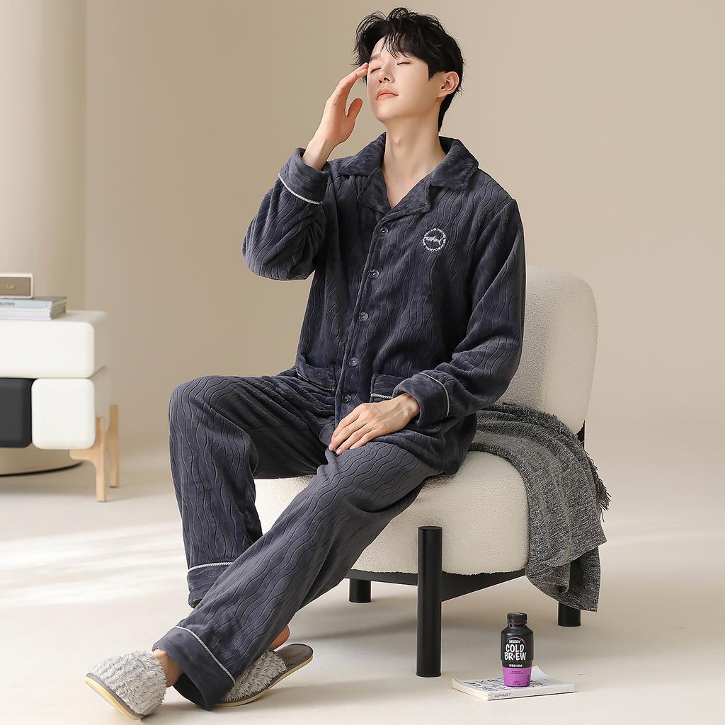 Coral fleece pajamas men's winter thickened fleece simple flannel warm can be worn outside autumn and winter loungewear suit