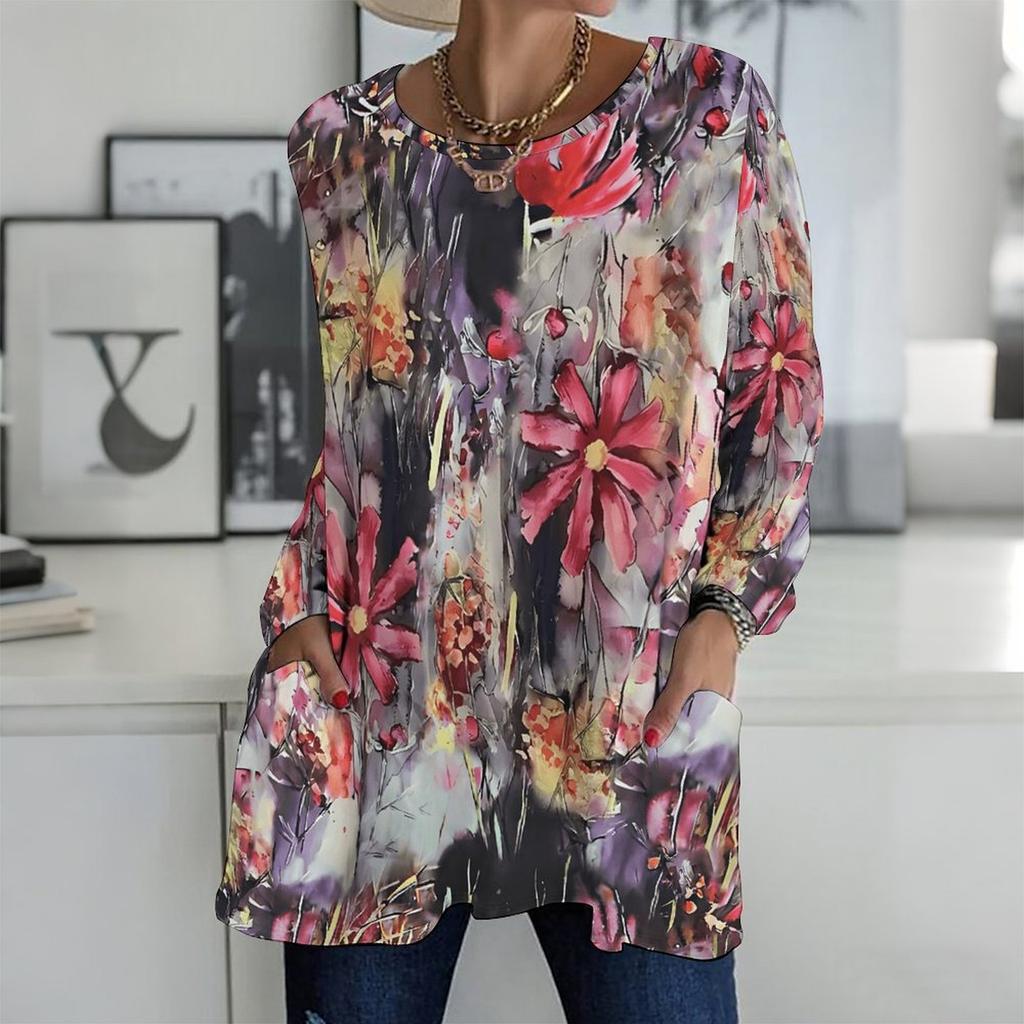 Plus Size Women Round Neck Long Sleeve T Shirt Soft Loose Tops For Indoor Leisure And Street Walking