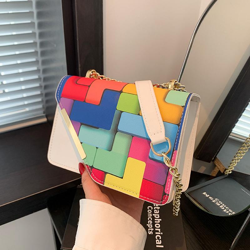 

Женская маленькая сумка через плечо из искусственной кожи с квадратным клапаном, летняя универсальная сумка через плечо с цепочкой контрастного цвета 20x7x14cm белый