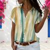 Women Plus Size Short Sleeve Shirt Watercolor Gradient Stripe Print White Buttons Lapel Casual Loose Blouse For Daily Office Wear