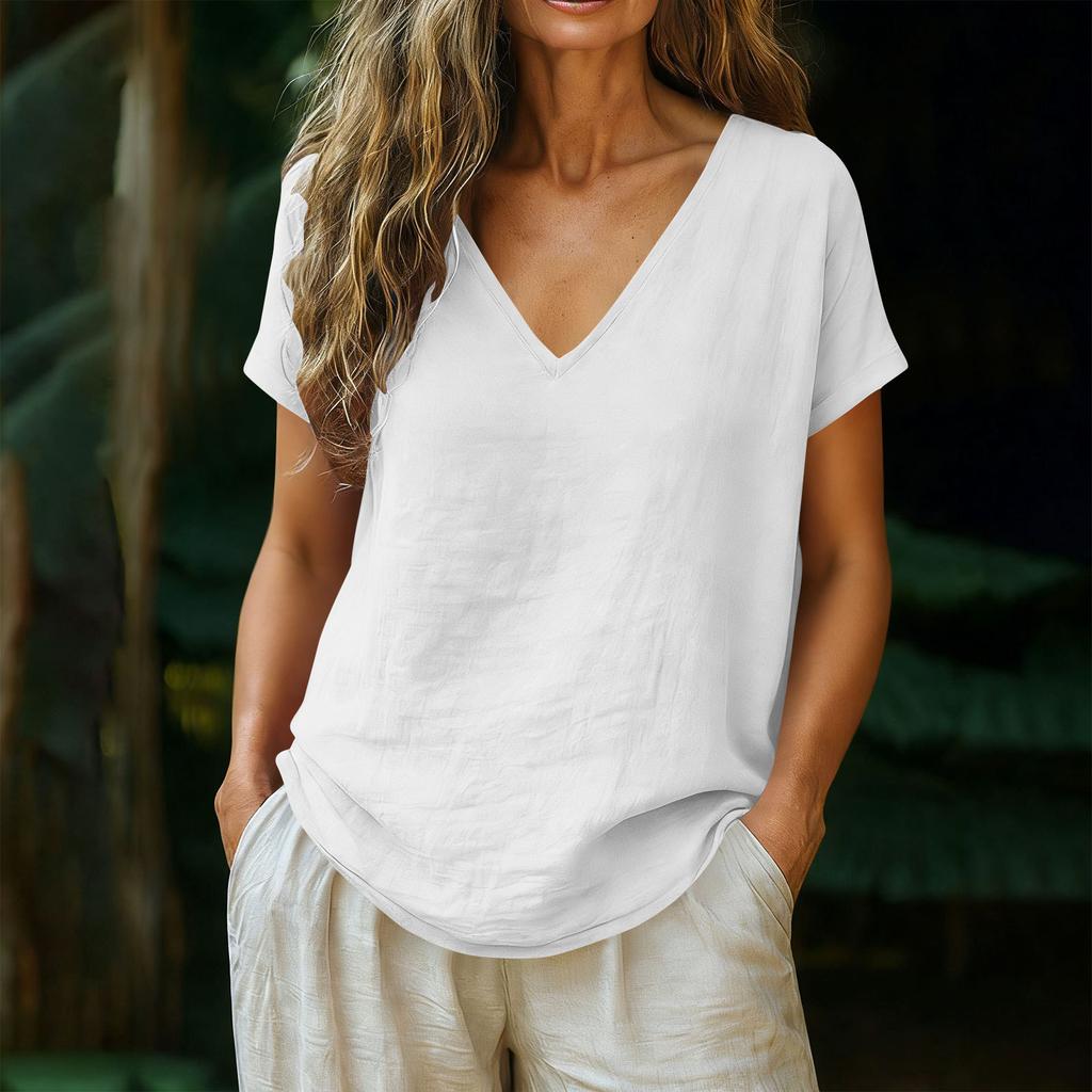 Women's Relaxed-Fit Fashion Cotton-Linen Blend Short-Sleeve V-Neck Pullover Top