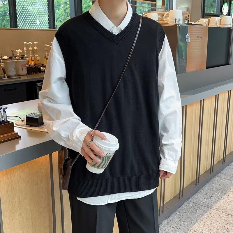 V-neck sweater men's autumn and winter Korean version trendy loose knitted sweater vest autumn ins Hong Kong style Japanese sleeveless vest