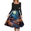 Robe décontractée vintage pour femme avec imprimé Halloween, col carré, manches longues, ceinture à la taille, style rétro, jupe évasée