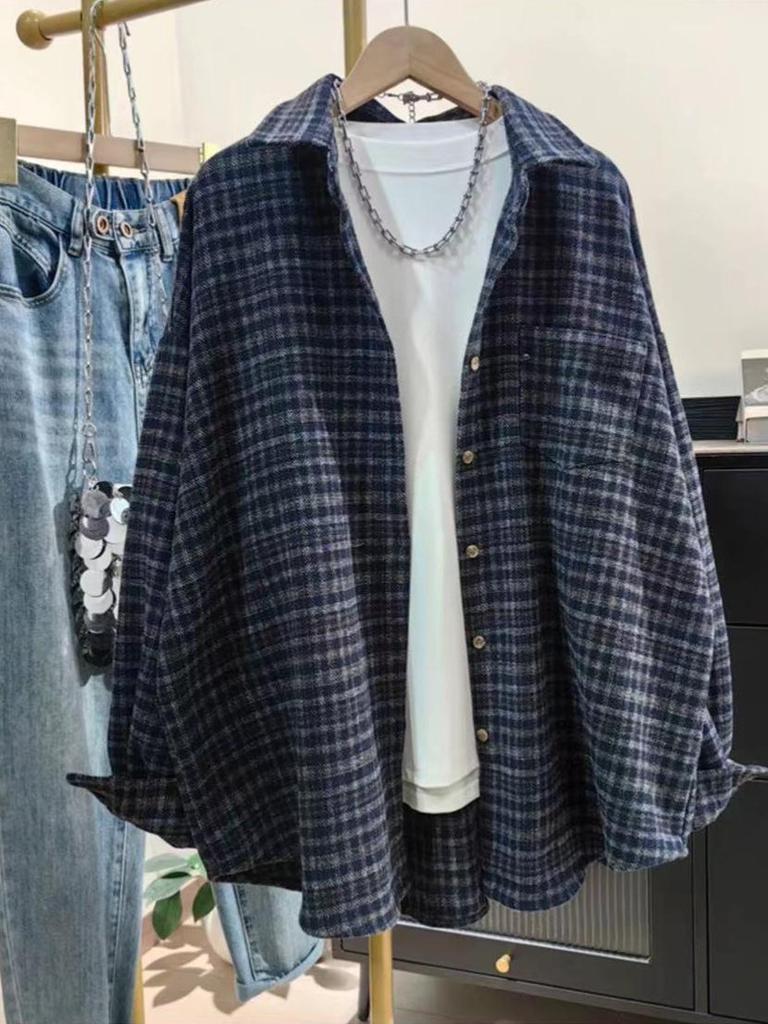Korean Style Loose Lapel Plaid Hooded Shirt for Autumn/Winter 2025 - Plus Size, Thickened, Brushed.