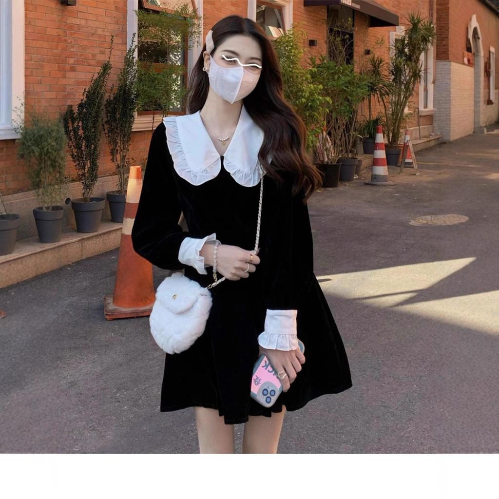 Autumn new Hepburn style black velvet dress women's vintage college style Lolita little black dress