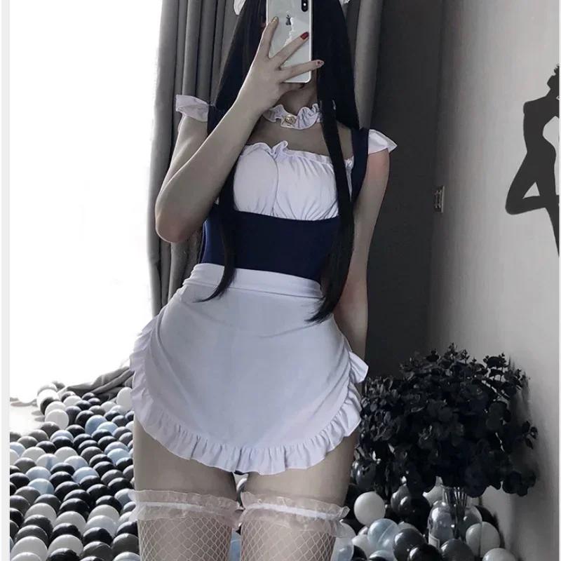 Maid Uniform Women Sexy Cosplay Lingerie Costumes Erotic Underwear Perspective Lace Bodysuit with Apron Neck Ring Set Outfit