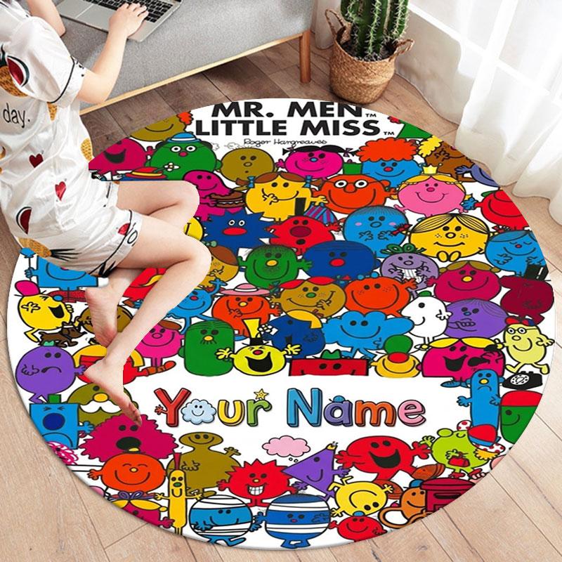 Mr. Men Little Miss Custom Name Round Area Rug,Carpet Rug for Living Room Bedroom Sofa Playroom Decor,Non-slip Floor Mat