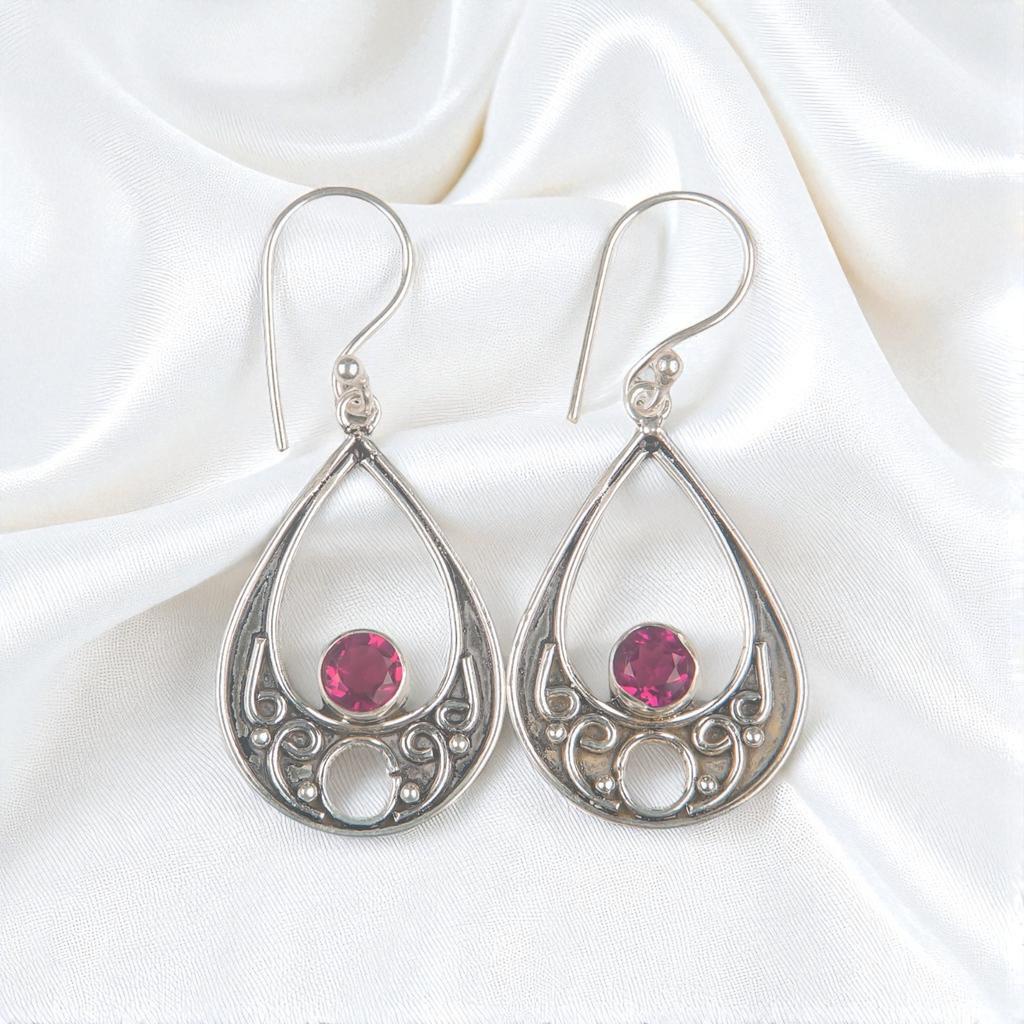 Pink Rubellite Gemstone 925 Sterling Silver Handmade Jewelry Hook Earrings 1.91" EE-90-9