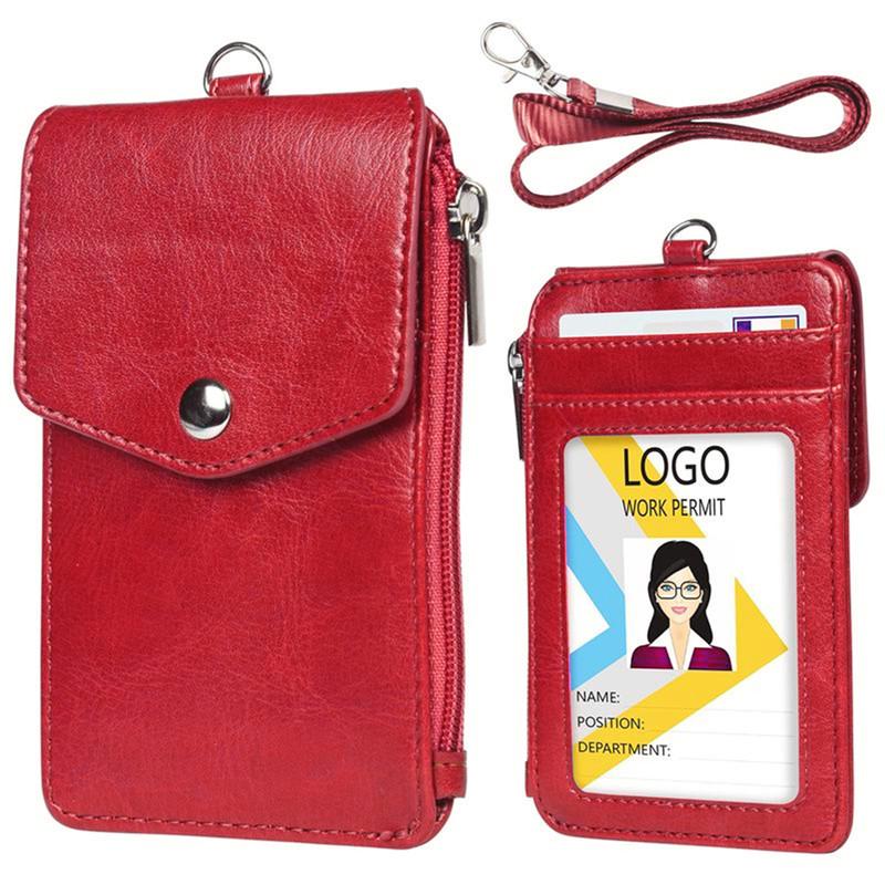 

New Women Men Work Credit Card Holder Wallet With Neck Strap Portable Zipper Hasp Student Staff ID Card Bus Desk Organizer Purse кларет