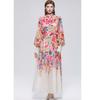 2026 Summer Holiday Chiffon Gorgeous Flower Maxi Dress Women's Stand Long Lantern Sleeve Sashes Floral Print Loose Robes