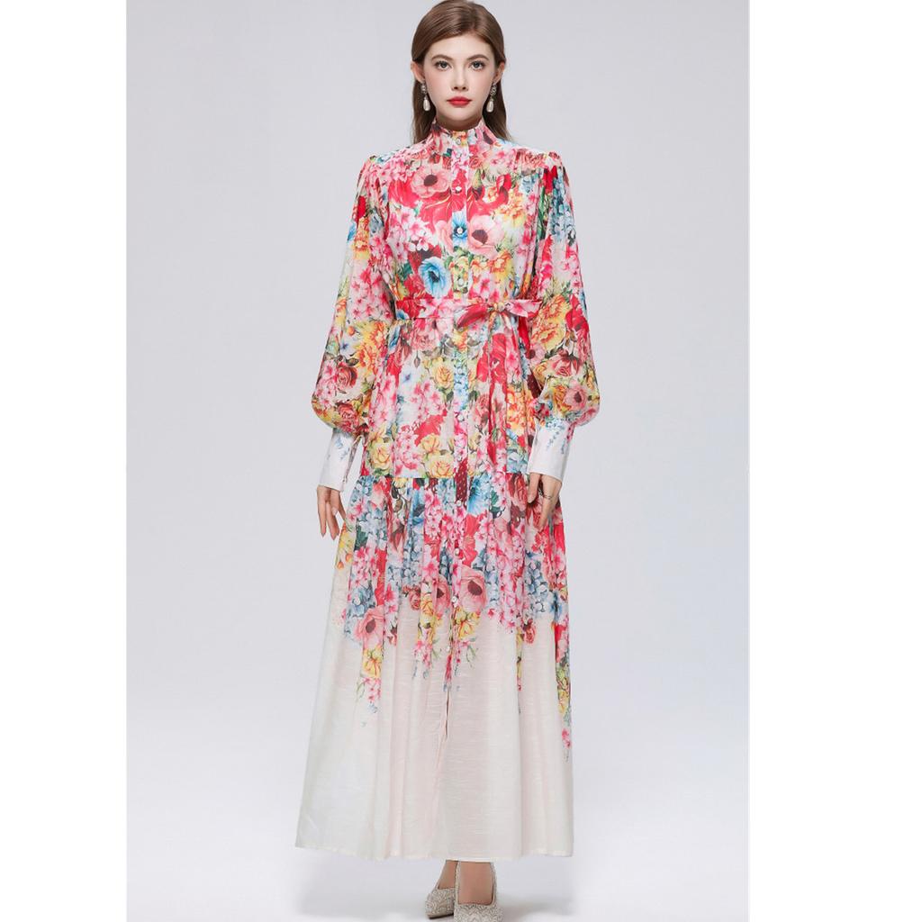2026 Summer Holiday Chiffon Gorgeous Flower Maxi Dress Women's Stand Long Lantern Sleeve Sashes Floral Print Loose Robes