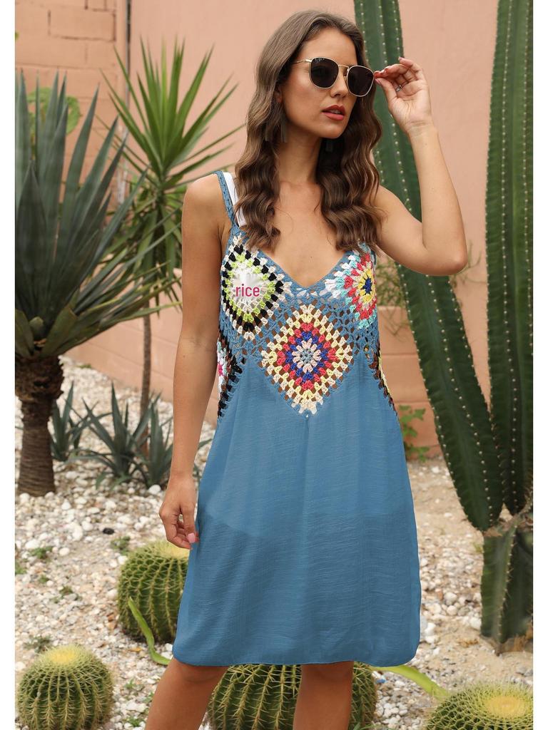 Etnický styl Dámské smíšené barvy Ručně háčkované Patchwork Špagetová ramínka Výřezy Plážové zakrývací šaty