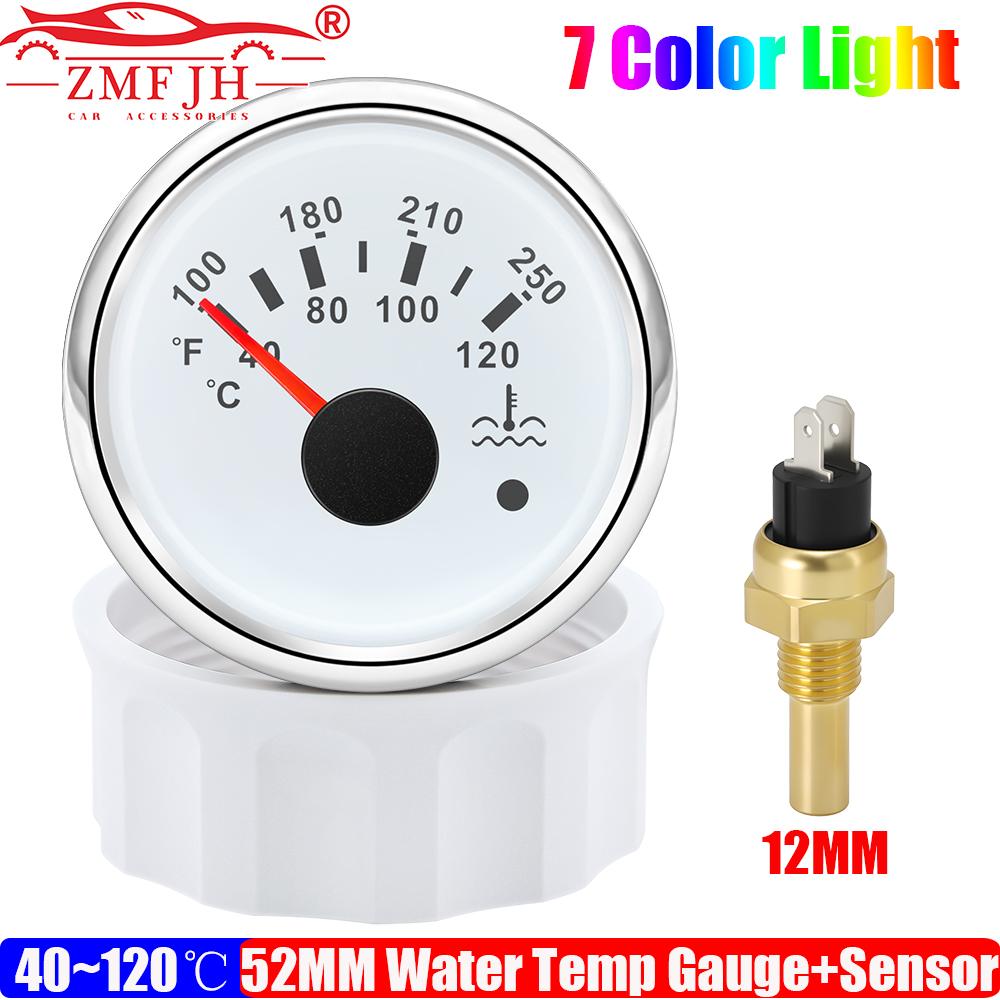 7 Color LED 52MM Water Temperature Gauge + Water Temp Sensor 12MM,14MM,16MM,17MM,21MM for Marine Boat Yacht Car Flash Warning