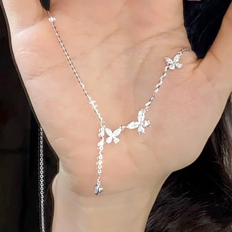 Sterling Silver Butterfly & Zirconia Tassel Necklace - Light Luxury Clavicle Chain for Women