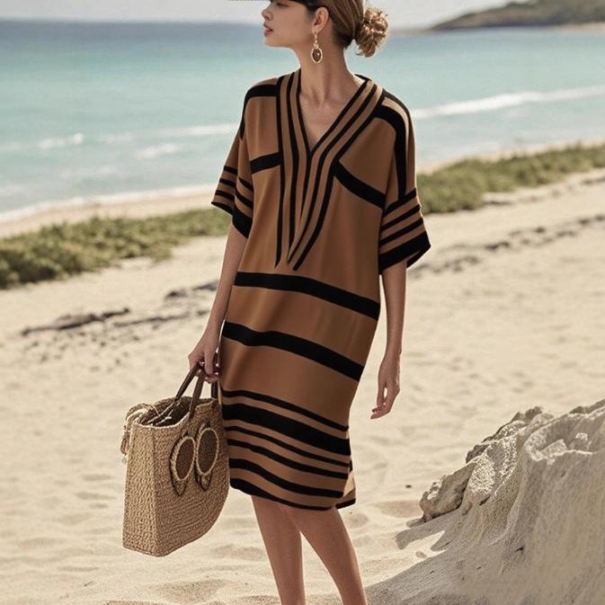 Damen Locker V-Ausschnitt Kurzarm Strandkleid mit Streifen, Lässiges Sommerkleid für den Urlaub