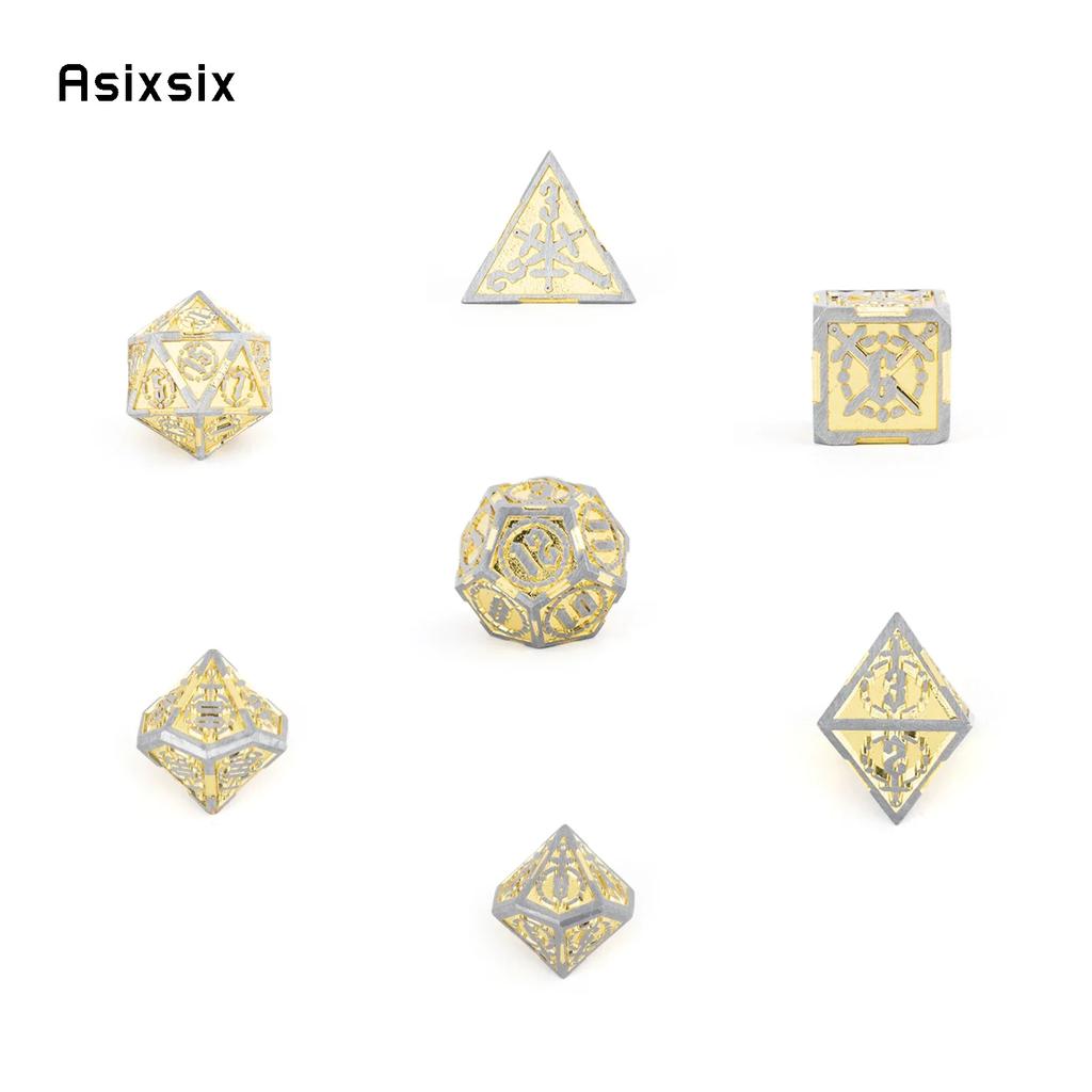 7 Pcs Yellow Silver Double Swords Metal Dice Solid Polyhedral Dice Set Suitable For Role-Playing Dice PropBoard Game