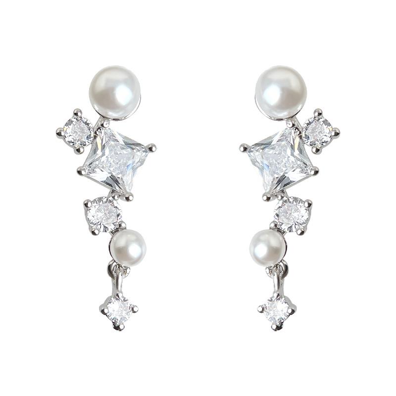 Gold-Plated French Pearl Tassel Earrings with Geometric Zircon Design for Women