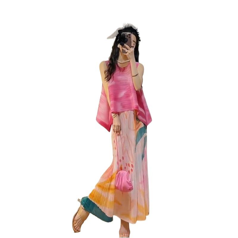 New Spring/Summer Small Tall Pink Gradient Sleeveless Top Printed Half Skirt Set
