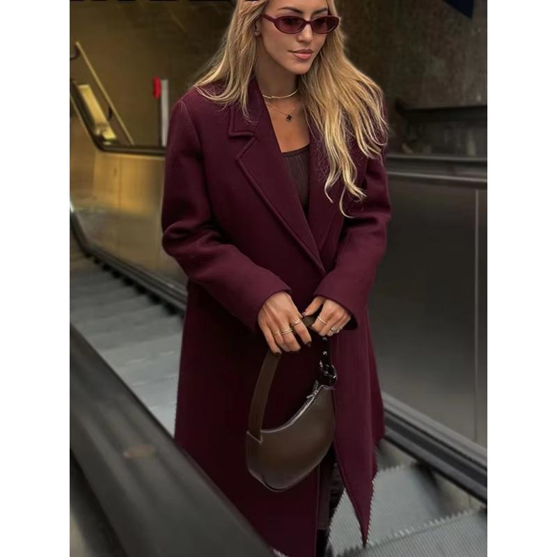 Women Fashion Burgundy Coat Double Breasted Long Sleeve Lapel Blends Jacket High Street Outerwear