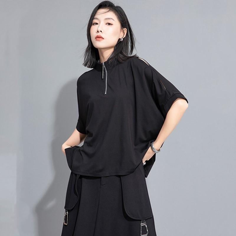 Tricou de vară casual larg supradimensionat cu mânecă scurtă Negru vintage Topuri tricou Femei