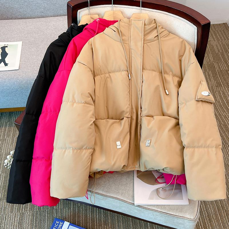 Women Autumn Winter Hooded Collar Long Sleeve Solid Color Warm Coat Drawstring Zipper Loose Parka