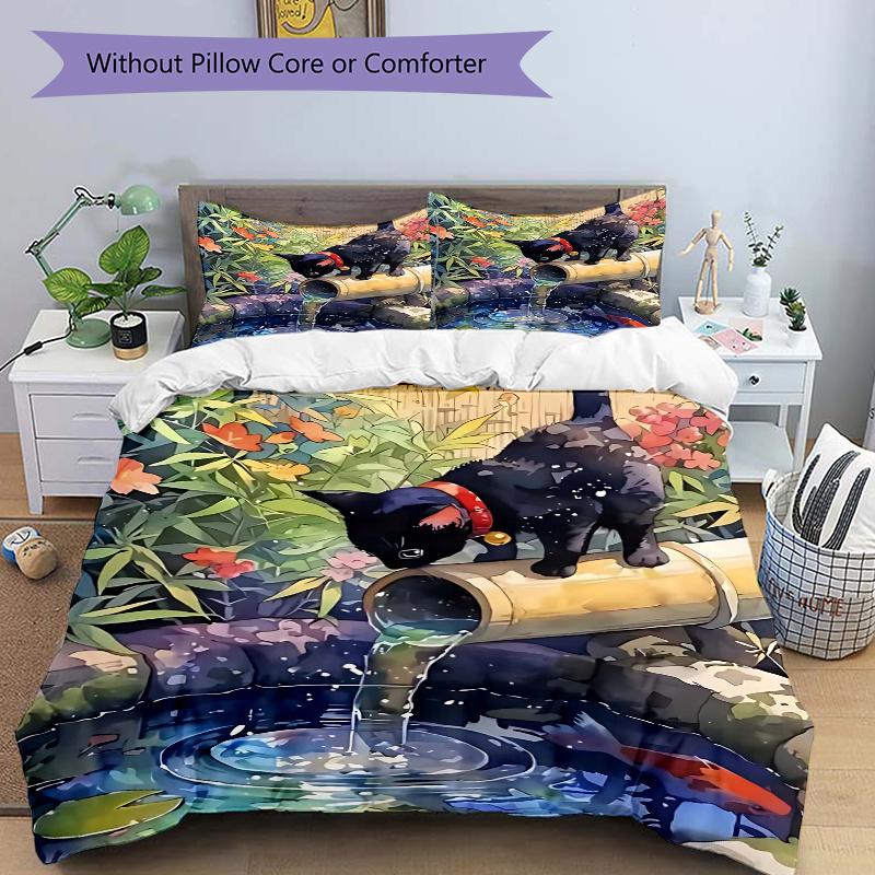 3pcs Black Cat with Red Collar Quilt Set, Soft and Comfortable Bedroom 135x200cm