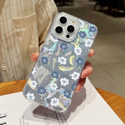 Simple Flower Pattern Luxury Glitter Case For iPhone 16 Pro Max 15 Pro 14 13 12 11 Slim Glossy Shockproof Hybrid PC TPU Clear Phone Cover