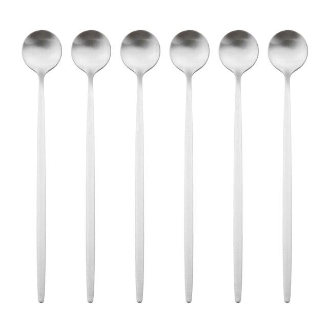 6Pcs/Set Black Long Handle Cutlery Matte Stainless Steel Spoons Polished Stirring Drink Ice Cream Dessert Tea Spoons Dinnerware
