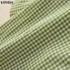 VONDA Summer Women Lapel Neck Short Sleeve Plaid Cute Casual Blouse Tops