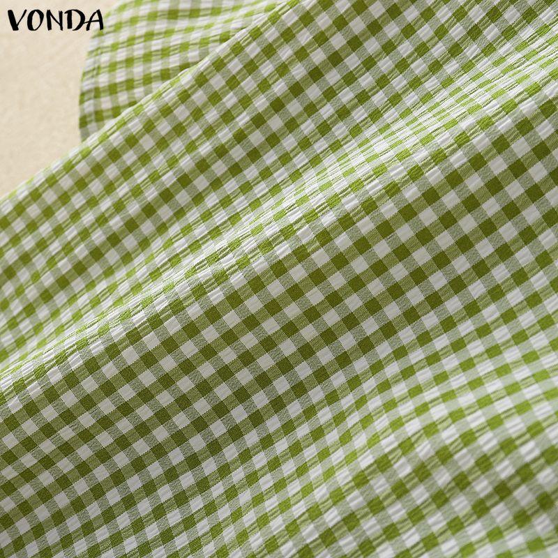 VONDA Summer Women Lapel Neck Short Sleeve Plaid Cute Casual Blouse Tops