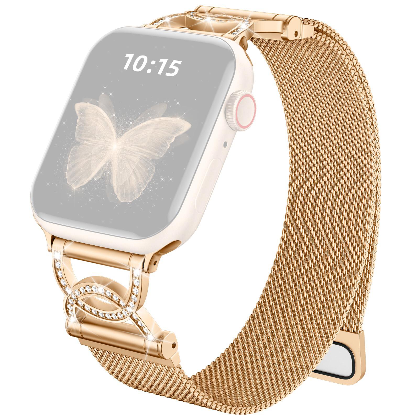 

Watch Band For Apple Watch Series 10 Ultra 9 8 7 SE 6 5 4 3 2 1 46mm 49mm 45mm 44mm 42mm DC-Shape Rhinestones Stainless Steel Strap Rose Gold
