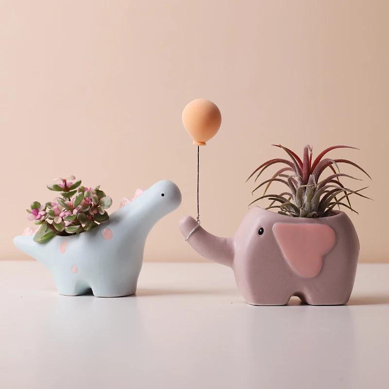 Creative Ins Flower Shaped Flower Pot Ceramic Flower Pot Cartoon Elephant Dinosaur Succulent Pot Cute Home Decoration