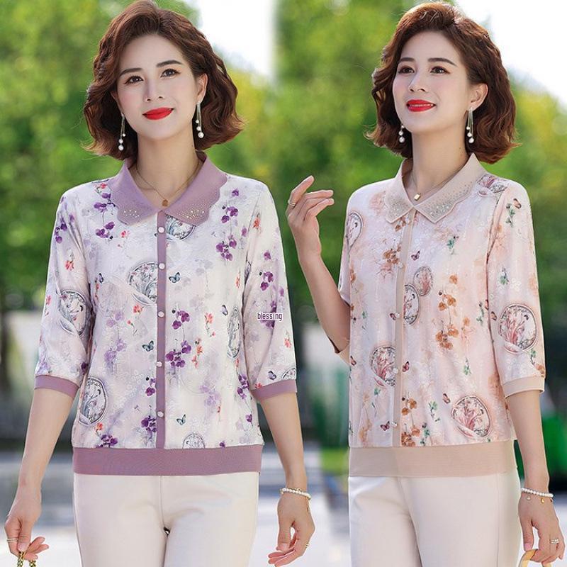 2026 Spring New Mother's Seven-Sleeve Ice Silk T-Shirt for Middle-Aged & Elderly Women - Spring/Summer Fashion Lapel Top