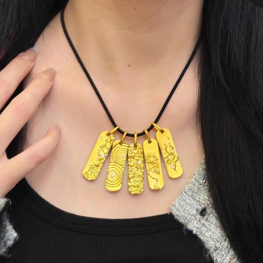 Ancient Gold Five Elements Pendant: Solid Chisel-Carved Square Bar Necklace - Gold, Wood, Water, Fire, Earth - Women's Gift