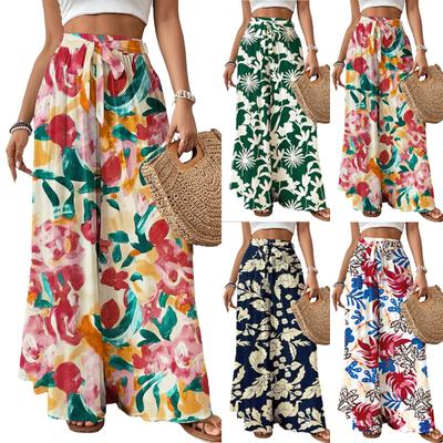 Damenhose mit modischem Blumendruck, elastischem Taillengurt, lockere, lässige Hose mit weitem Bein