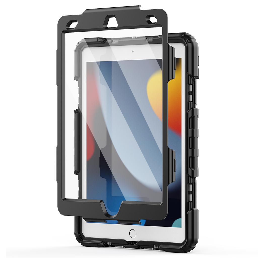 For iPad 10.2 (2021)/(2019)/(2020) Case PC+Silicone Tablet Cover with PET Film and Shoulder Strap