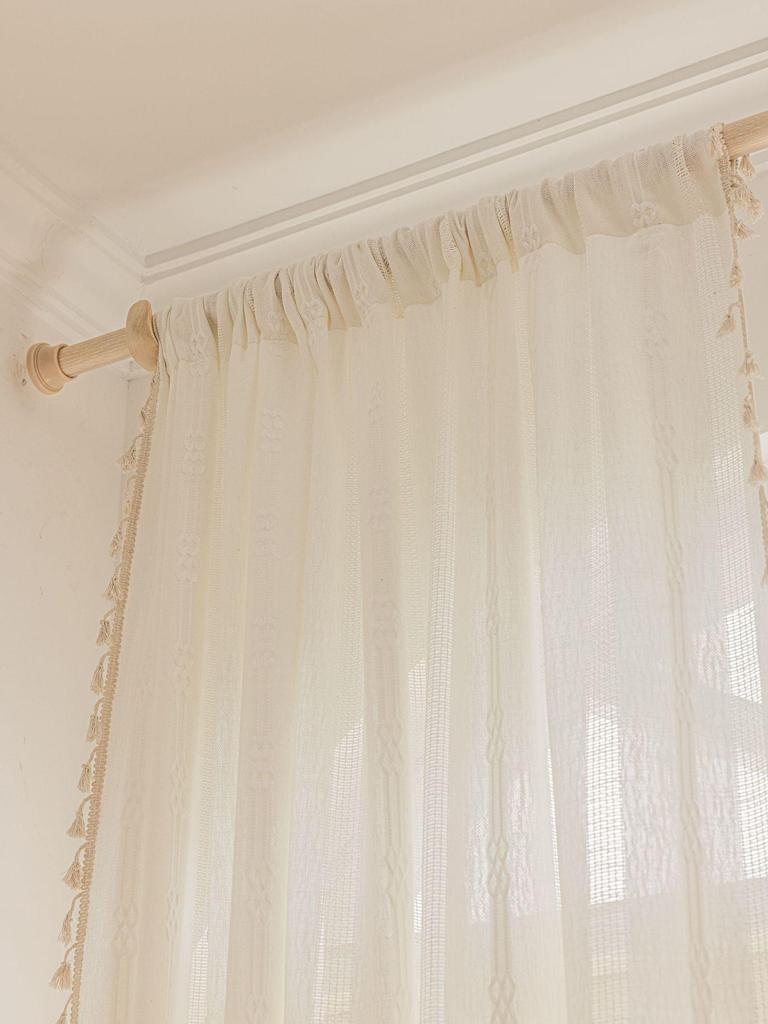 Imanqi Yun Semi-Blackout White Striped Embroidered Curtains for Kitchen & Living Room Windows
