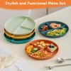 4pcs Shatter-Resistant Wheat Plastic Round Plates - Convenient Grid Design, Divided Sections, Dishwasher Safe, Reusable - Perfec