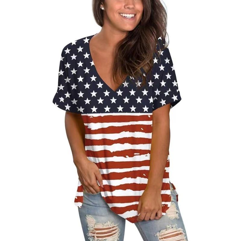 Summer V-neck 3D American Flag Printed Top Fashionable Casual Short Sleeved Women's T-shirts
