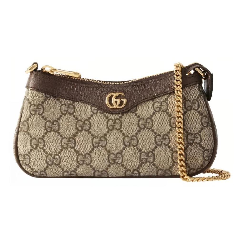 Gucci Ophidia Double G Logo Reißverschluss Canvas und Leder Mahjong Tasche Unterarmtasche Schultertasche Handtasche Mini Damen Beige mit Ebenholzfarbe