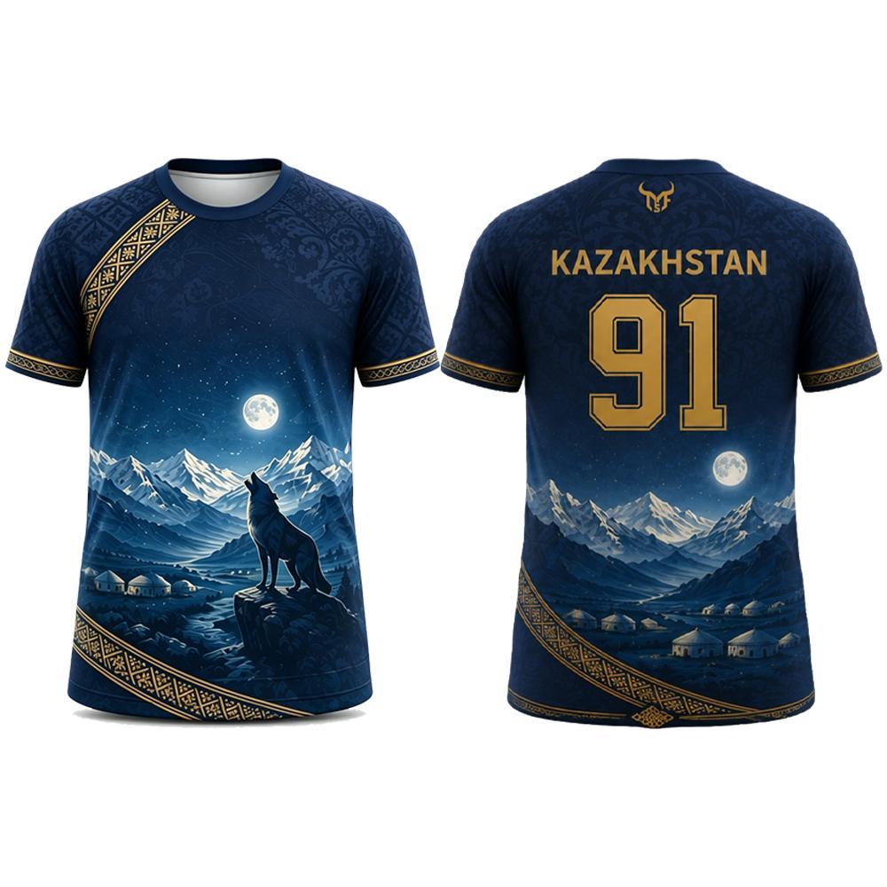 2026 Neues Kasachstan Ethnisch Stil Gedrucktes Fußball T-Shirt Herren Atmungsaktiv Schnelltrocknend Fußballtrikot Unisex Street Rundhals Oberteil 3XL gray