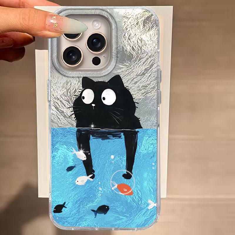 

Чехол для для iPhone 16 15 13 Plus Pro Max 7 14 Pro 5G Чехол для телефона Кот Черный Мультяшный Для iPhone 16e Защитные Силиконовые Задние Сумки iPhone 16 Plus белый