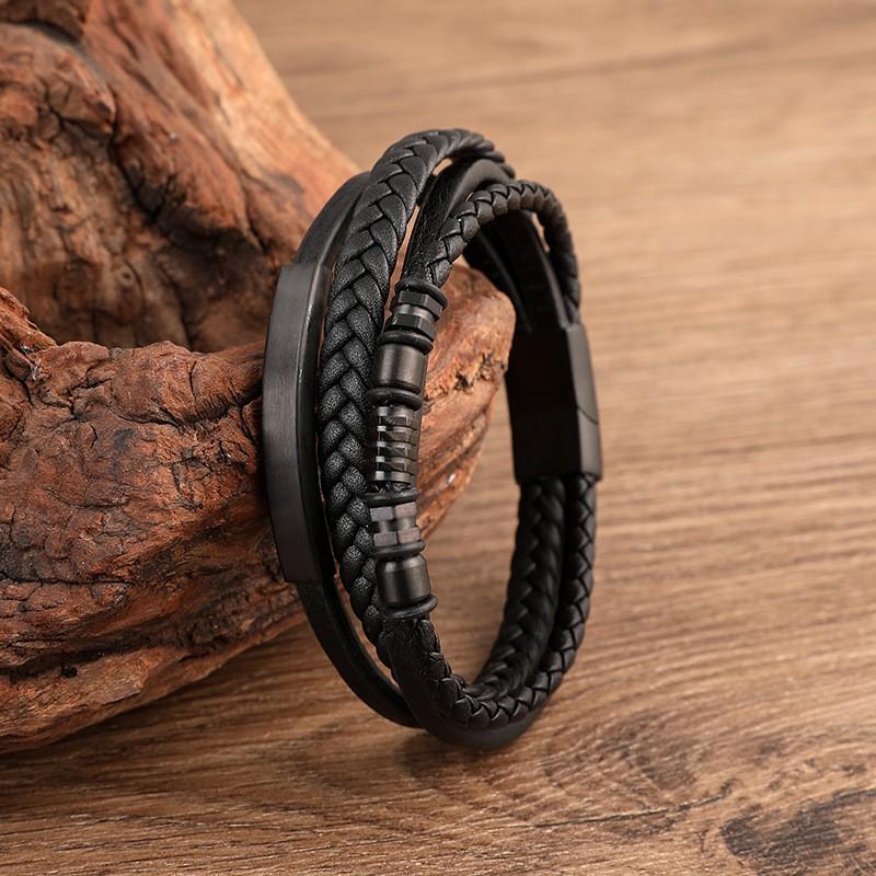 Stainless Steel Mens Braided Leather Wrap Bracelet Geometric Design Cycling Safety Accessory