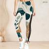 Women Plus Size High Waist Printed Side Eyelet Lace Up Full Length Leggings