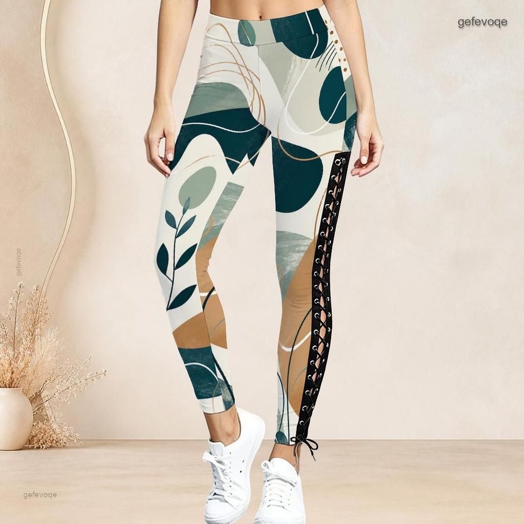 Women Plus Size High Waist Printed Side Eyelet Lace Up Full Length Leggings