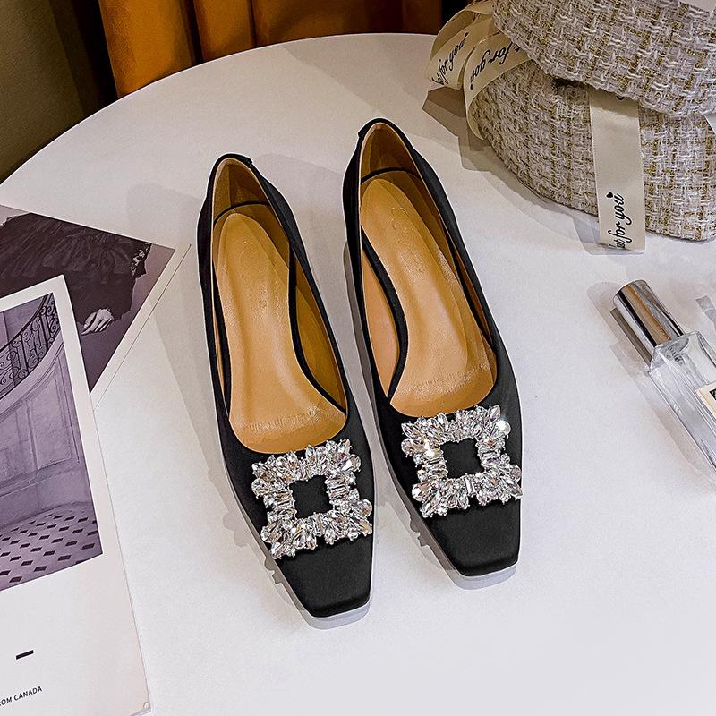 Temperament Square Head High Heels Women's New Middle Heel Women's Shoes Rhinestone Square Buckle Light Mouth Thick Heel Single Shoes